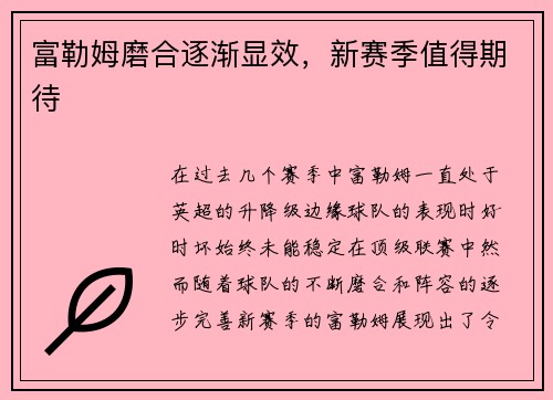 富勒姆磨合逐渐显效，新赛季值得期待